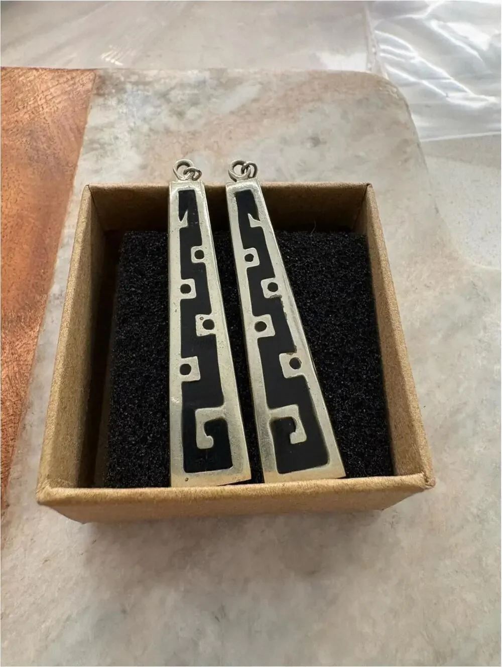 Vintage Alpaca Mexico Silver-Tone and Black Enamel Dangle Drop Earrings